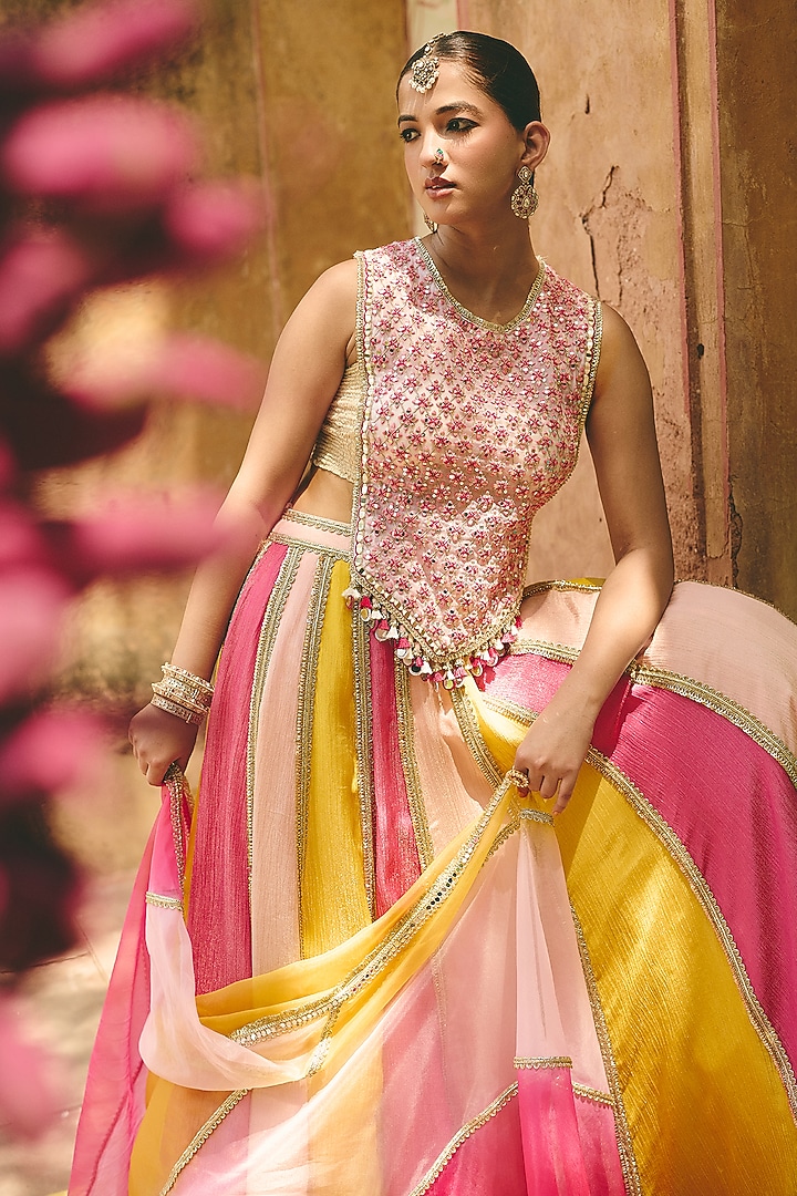 Multi-Colored Crinkle Tissue & Organza Panelled Wedding Lehenga Set by Ajiesh Oberoi at Pernia's Pop Up Shop
