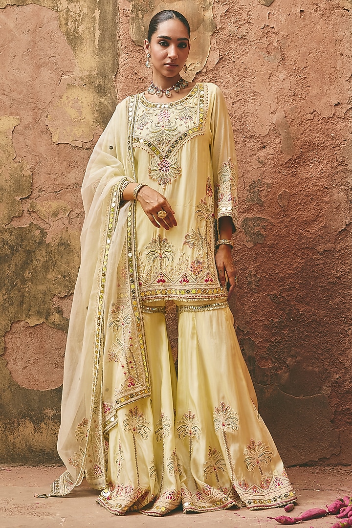 Pastel Lemon Yellow Bamboo Pure Silk & Organza Embroidered Gharara Set by Ajiesh Oberoi at Pernia's Pop Up Shop