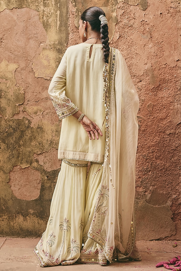 Pastel Lemon Yellow Bamboo Pure Silk & Organza Embroidered Gharara Set by Ajiesh Oberoi at Pernia's Pop Up Shop
