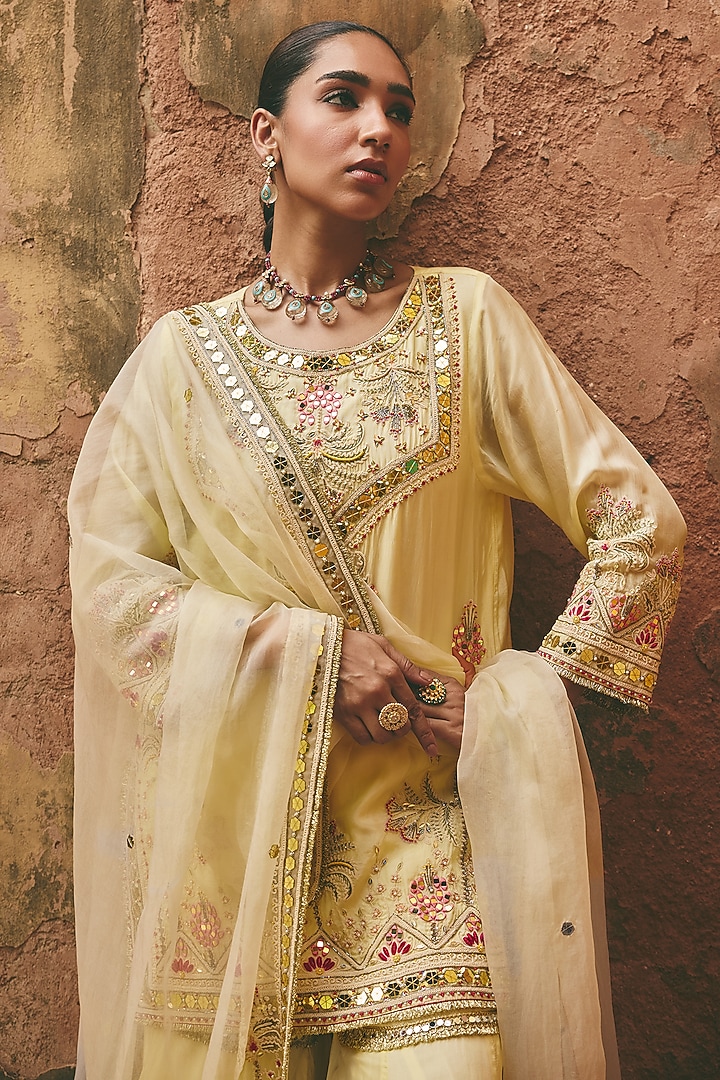 Pastel Lemon Yellow Bamboo Pure Silk & Organza Embroidered Gharara Set by Ajiesh Oberoi at Pernia's Pop Up Shop