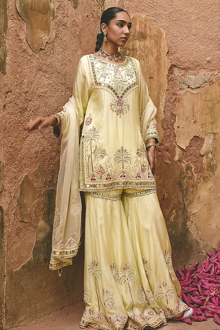 Pastel Lemon Yellow Bamboo Pure Silk & Organza Embroidered Gharara Set by Ajiesh Oberoi at Pernia's Pop Up Shop