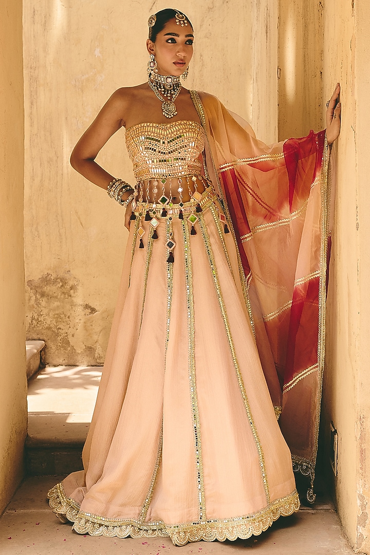 Blush Nude Crinkle Tissue & Organza Embroidered Wedding Lehenga Set by Ajiesh Oberoi at Pernia's Pop Up Shop