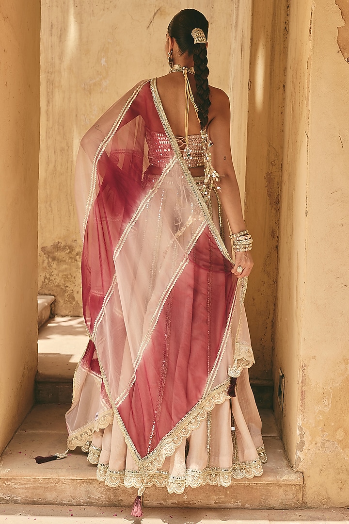 Blush Nude Crinkle Tissue & Organza Embroidered Wedding Lehenga Set by Ajiesh Oberoi at Pernia's Pop Up Shop