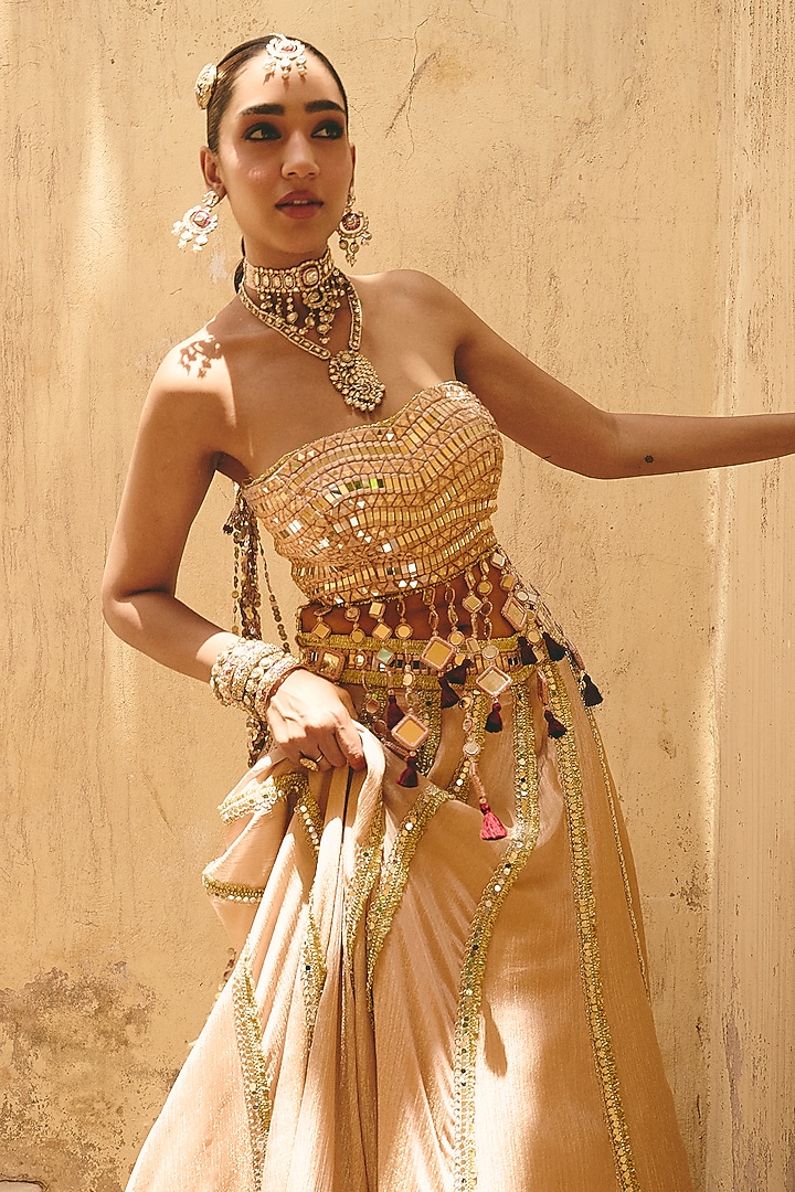 Blush Nude Crinkle Tissue & Organza Embroidered Wedding Lehenga Set by Ajiesh Oberoi at Pernia's Pop Up Shop