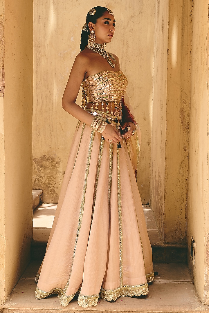 Blush Nude Crinkle Tissue & Organza Embroidered Wedding Lehenga Set by Ajiesh Oberoi at Pernia's Pop Up Shop