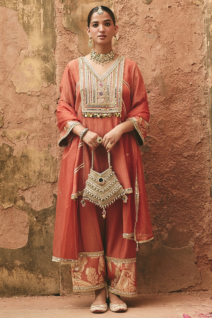 Rust Orange Crinkle Tissue Mirror Embroidered Kurta Set by Ajiesh Oberoi at Pernia's Pop Up Shop