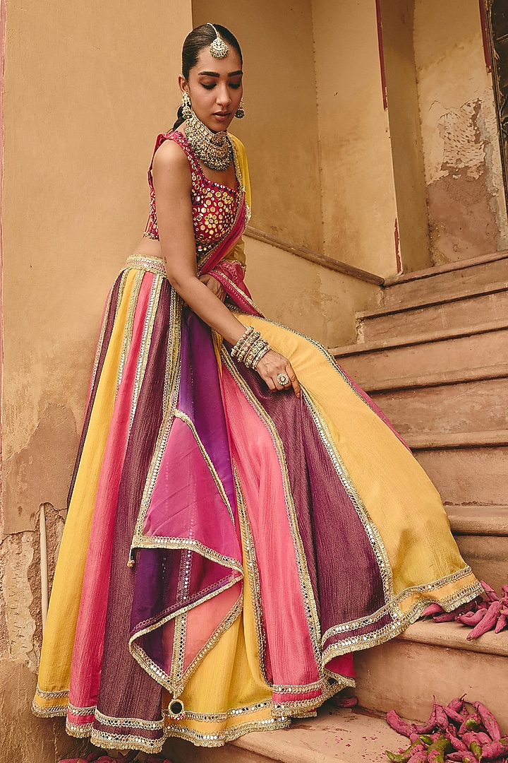 Multi-Colored Crinkle Tissue Sequins Embroidered Wedding Lehenga Set by Ajiesh Oberoi at Pernia's Pop Up Shop