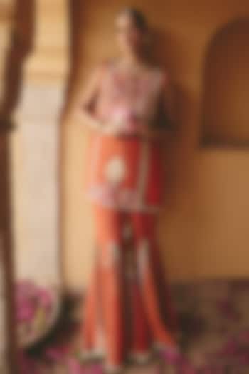 Rust Orange Crinkle Tissue Wedding Sharara Set by Ajiesh Oberoi at Pernia's Pop Up Shop