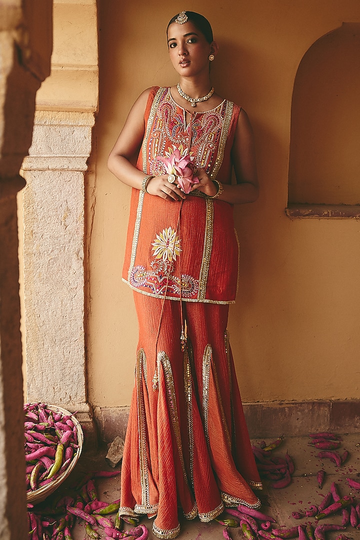 Rust Orange Crinkle Tissue Wedding Sharara Set by Ajiesh Oberoi at Pernia's Pop Up Shop