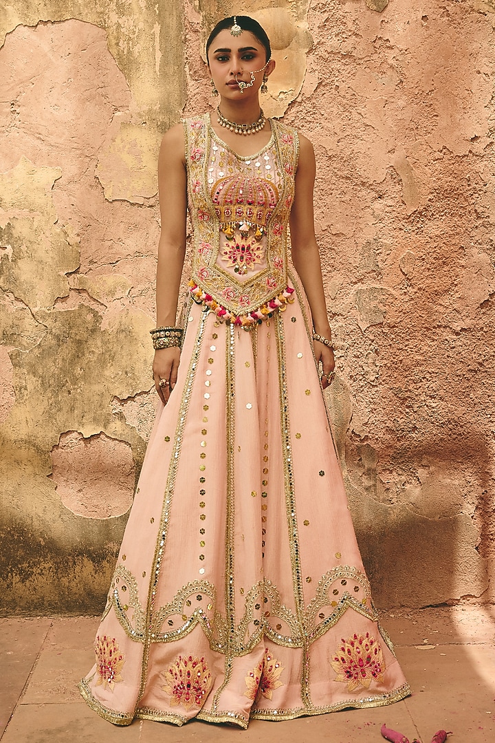 Blush Pink Crinkle Tissue Lotus Motif Embroidered Wedding Lehenga Set by Ajiesh Oberoi at Pernia's Pop Up Shop
