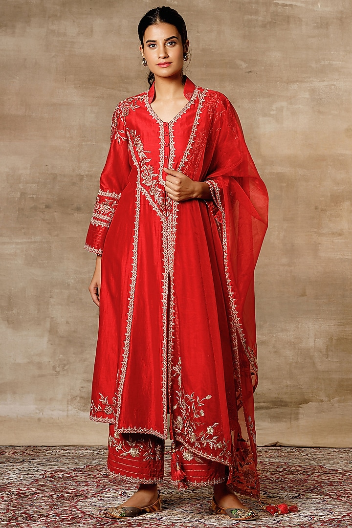 Red Embroidered A-Line Kurta Set by Ajiesh Oberoi