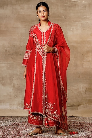 Red Embroidered A-Line Kurta Set by Ajiesh Oberoi