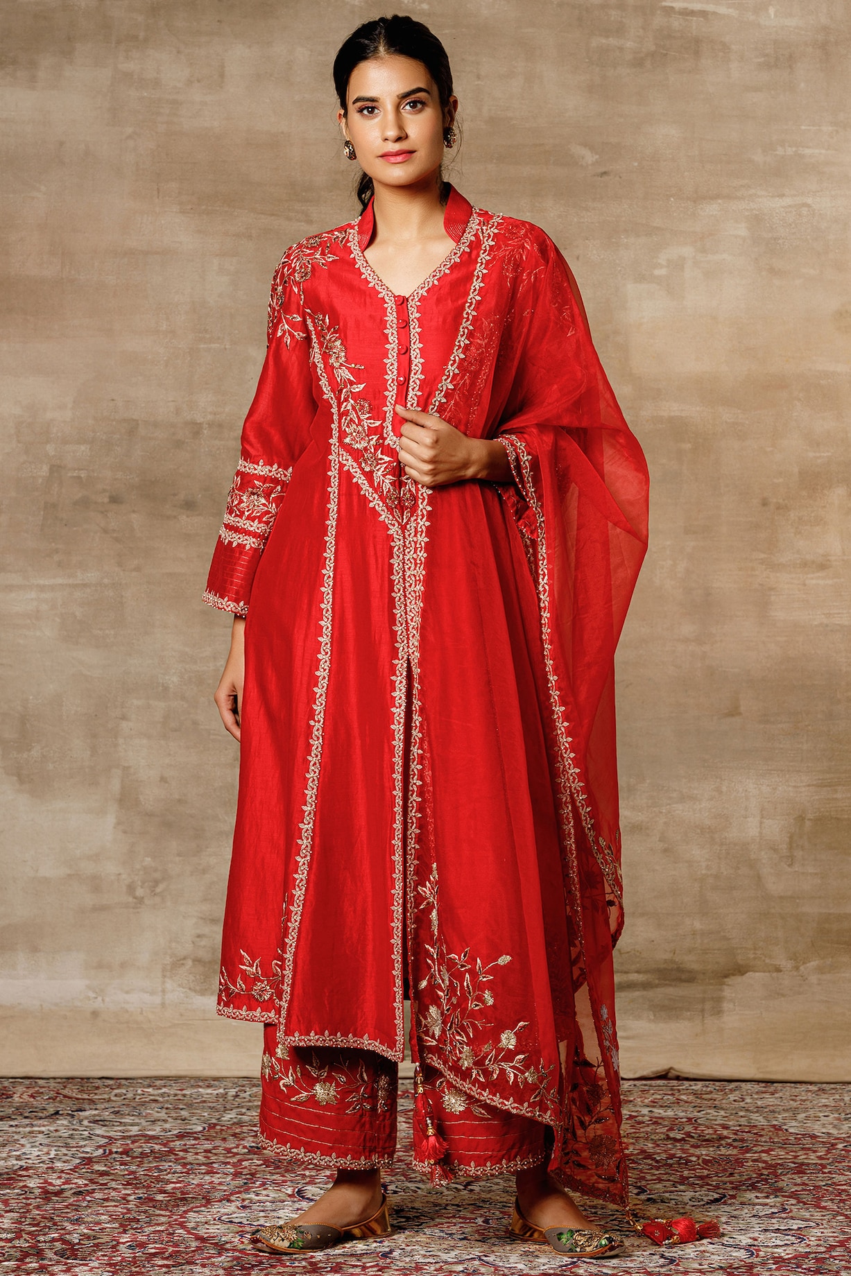 Women's Red Embroidered A-Line Kurta