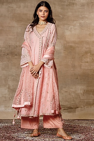 Peach & Grey Embroidered Angrakha Kurta Set by Ajiesh Oberoi
