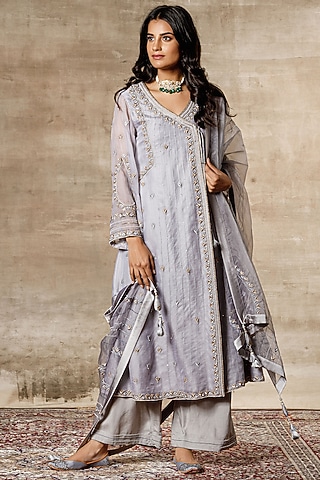 Grey Embroidered Angrakha Kurta Set by Ajiesh Oberoi