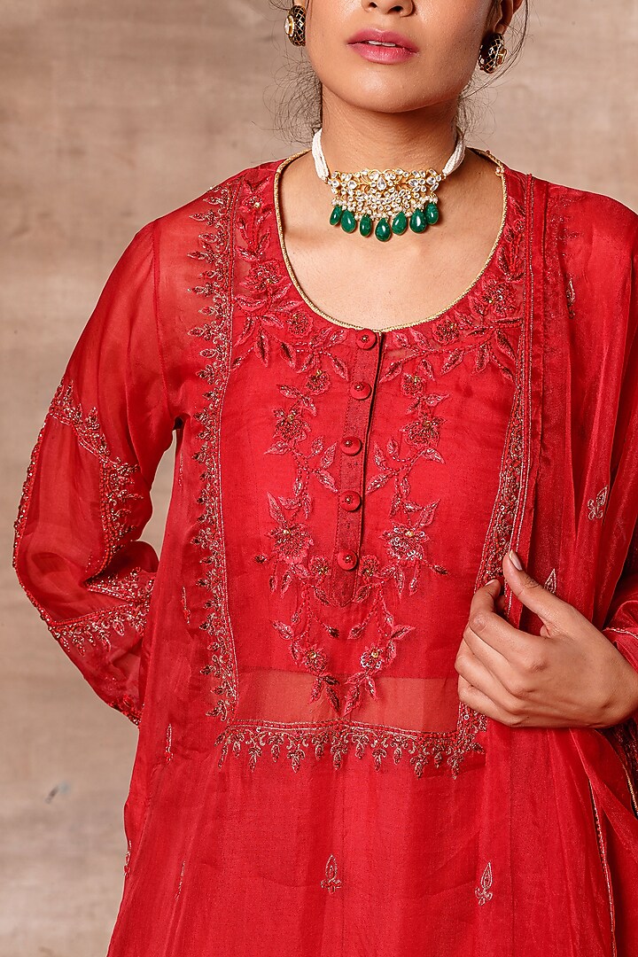 Crimson Red Embroidered Kurta Set by Ajiesh Oberoi at Pernia's Pop Up Shop