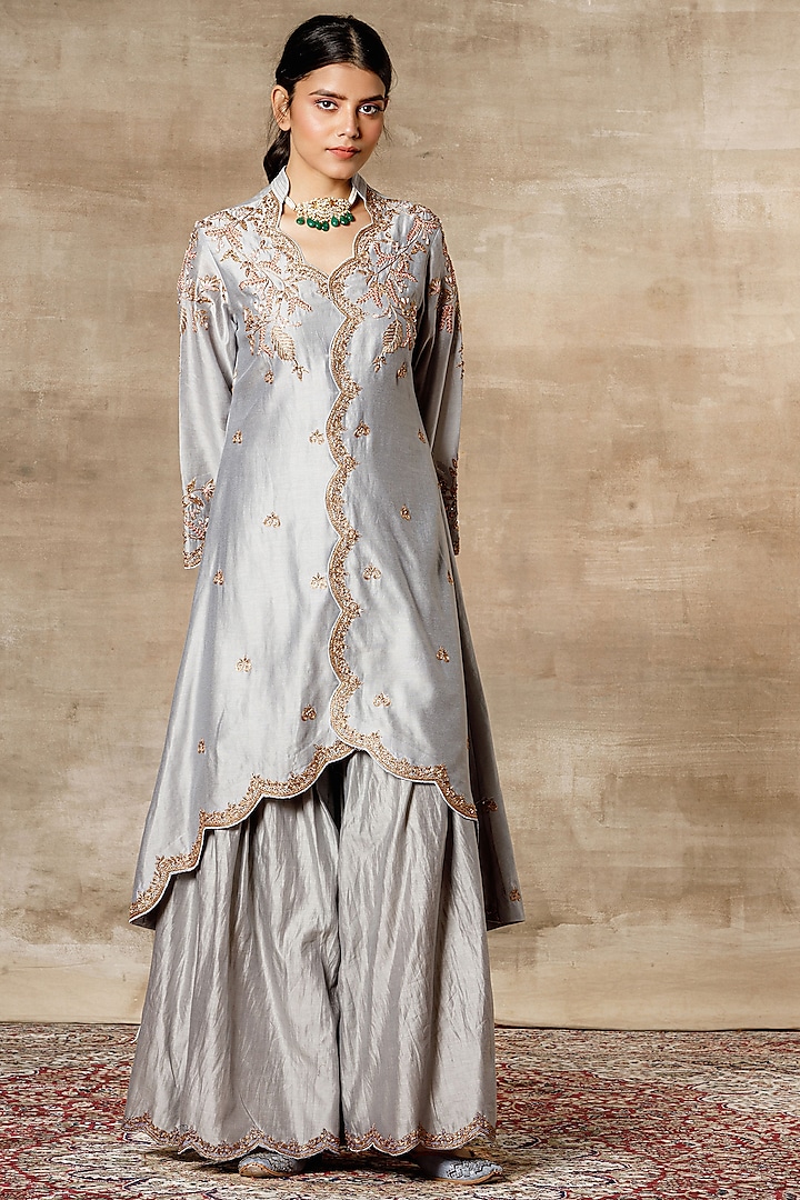 Grey Embroidered Jacket Set by Ajiesh Oberoi at Pernia's Pop Up Shop