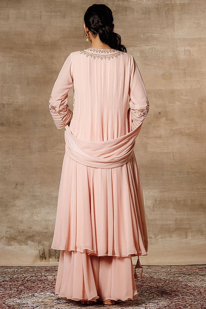 Peach Embroidered Kalidar Kurta Set by Ajiesh Oberoi at Pernia's Pop Up Shop