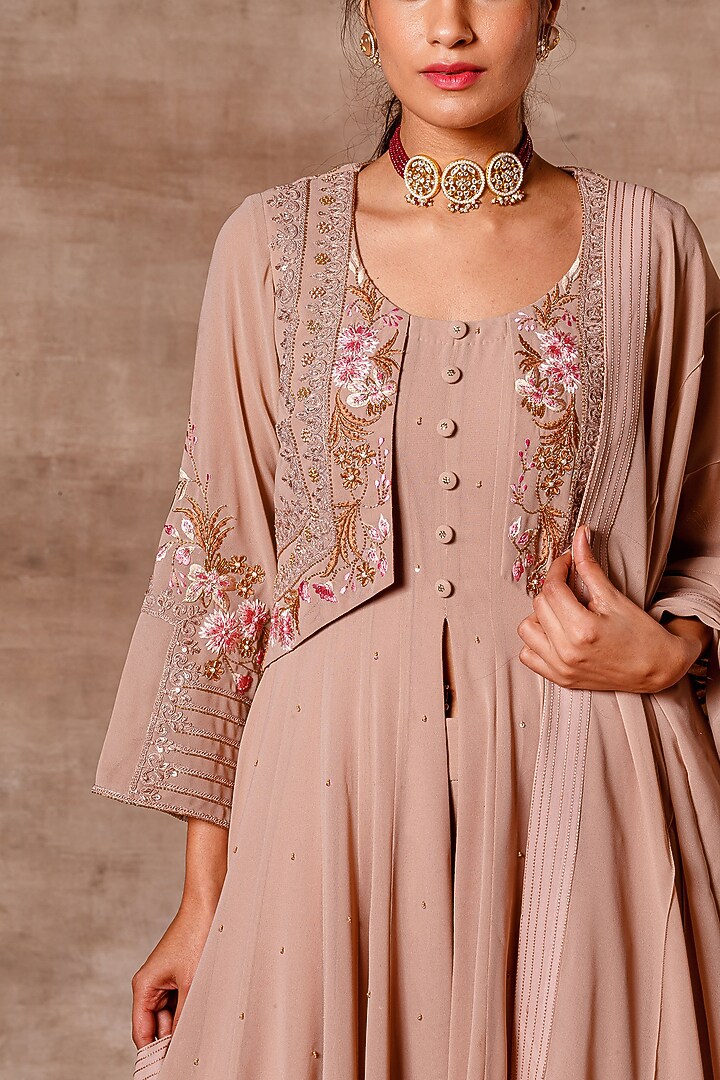Nude Embroidered Kalidar Kurta Set by Ajiesh Oberoi at Pernia's Pop Up Shop