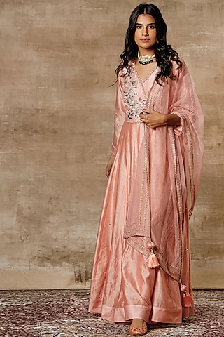 Peach Embroidered Anarkali Set by Ajiesh Oberoi