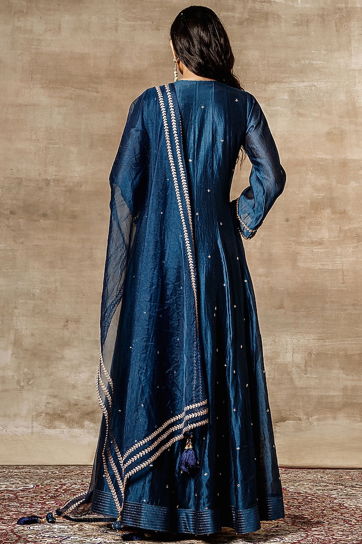 Blue & Peach Embroidered Wedding Anarkali Set by Ajiesh Oberoi at Pernia's Pop Up Shop