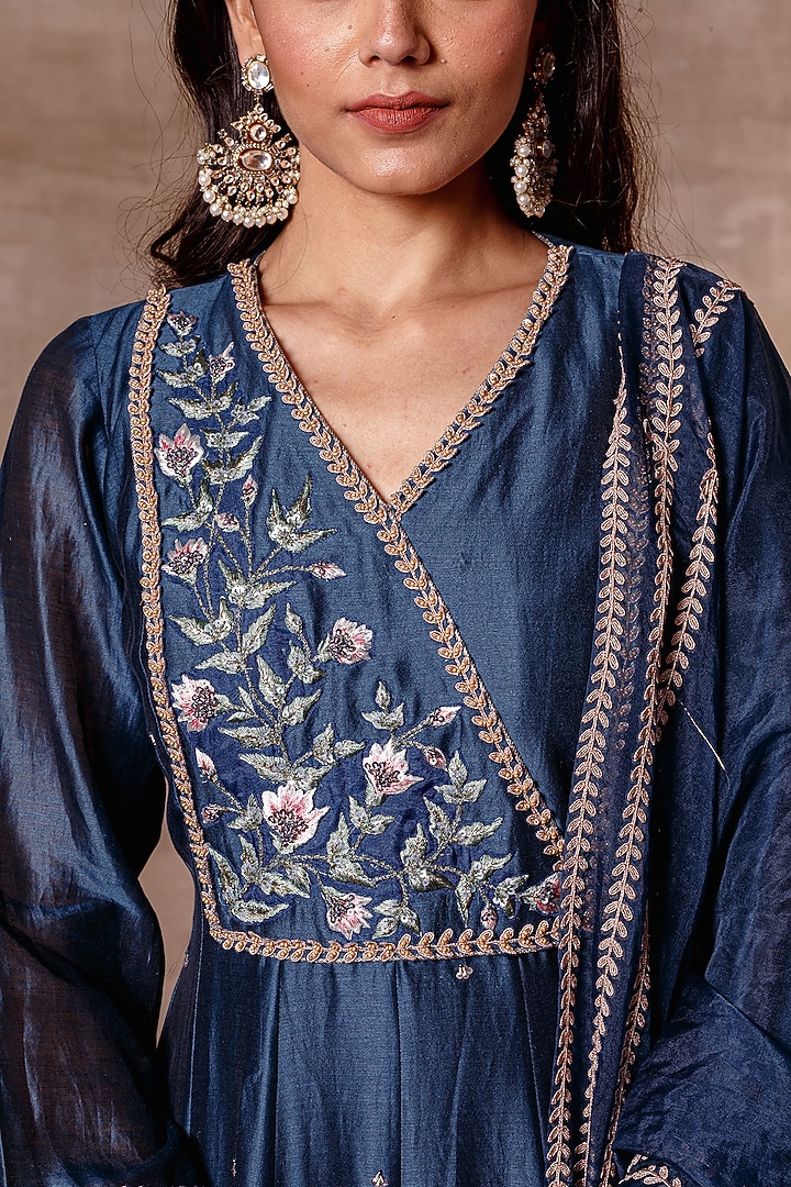 Blue & Peach Embroidered Wedding Anarkali Set by Ajiesh Oberoi at Pernia's Pop Up Shop