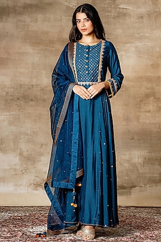 Navy Blue Embroidered Anarkali Set by Ajiesh Oberoi