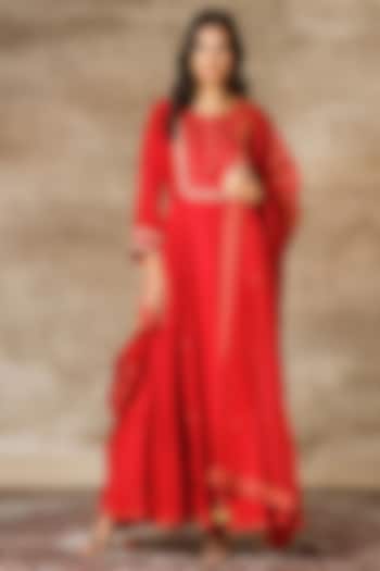 Crimson Red Embroidered Anarkali Set by Ajiesh Oberoi