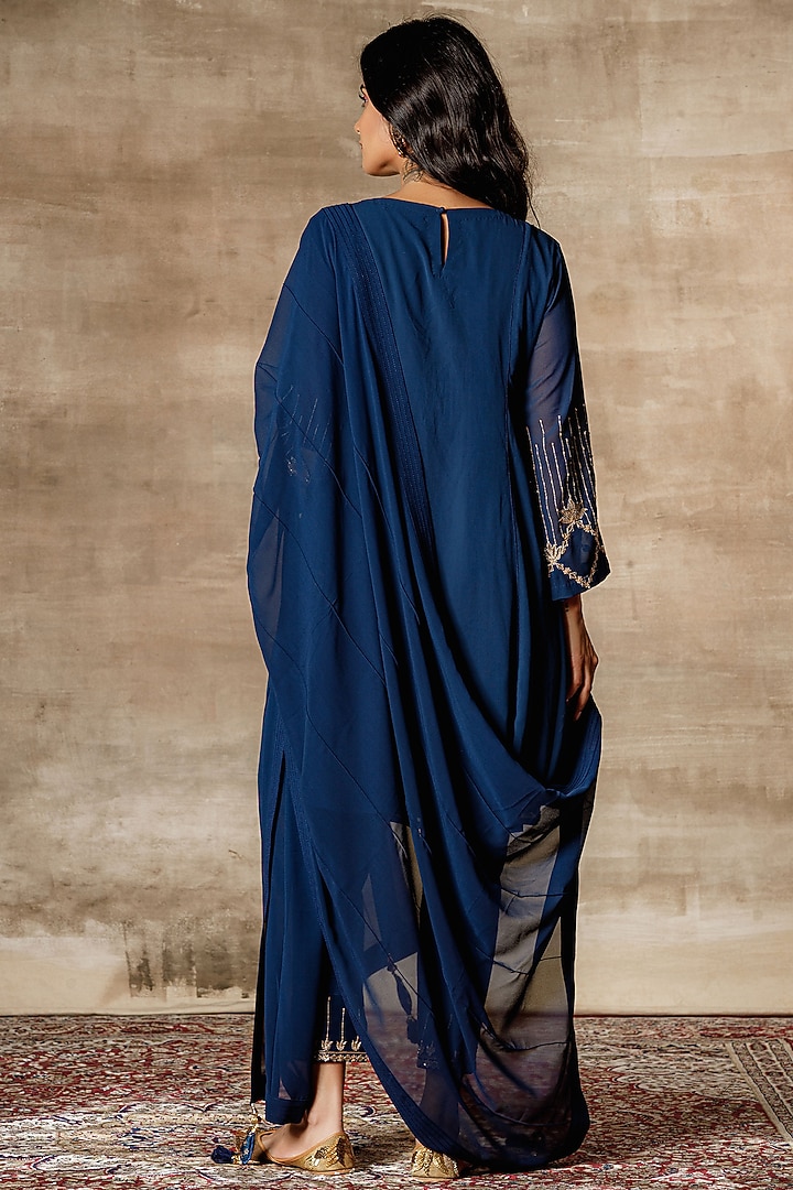 Navy Blue Embroidered Flared Kurta Set by Ajiesh Oberoi at Pernia's Pop Up Shop