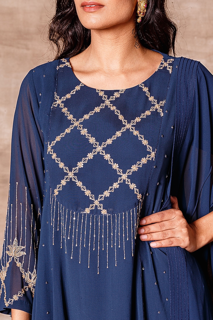Navy Blue Embroidered Flared Kurta Set by Ajiesh Oberoi at Pernia's Pop Up Shop