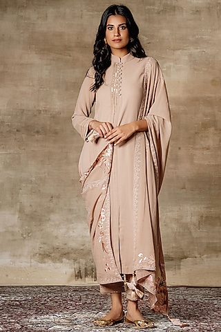 Nude Resham Embroidered Kurta Set by Ajiesh Oberoi