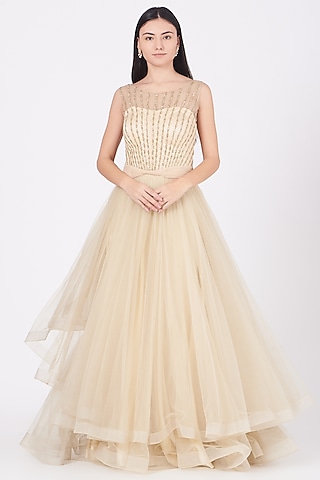 Nude Embroidered Gown by Ajiesh Oberoi
