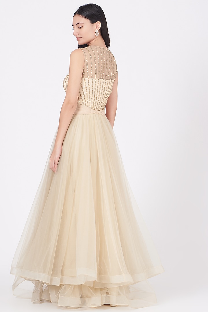 Nude Embroidered Gown by Ajiesh Oberoi at Pernia's Pop Up Shop