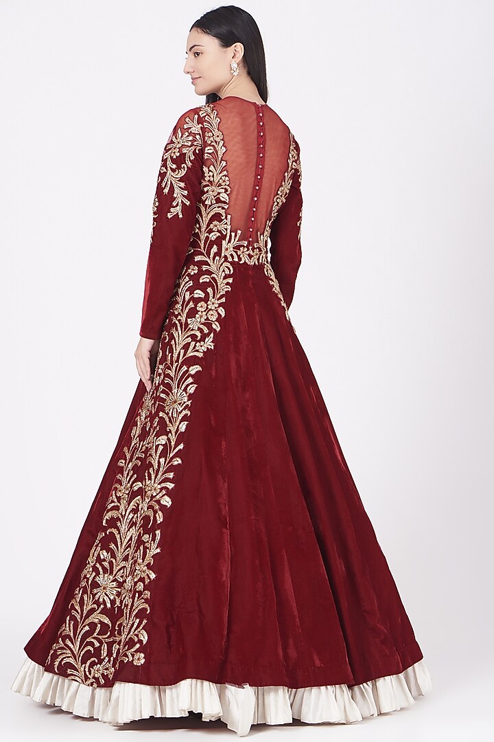 Maroon Embroidered Wedding Gown by Ajiesh Oberoi at Pernia's Pop Up Shop