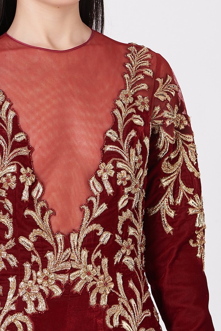 Maroon Embroidered Wedding Gown by Ajiesh Oberoi at Pernia's Pop Up Shop