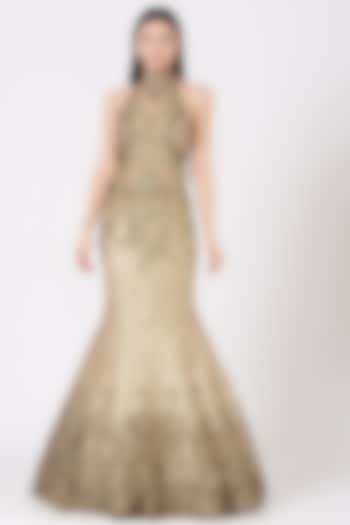 Gold Hand Embroidered Mermaid Gown by Ajiesh Oberoi