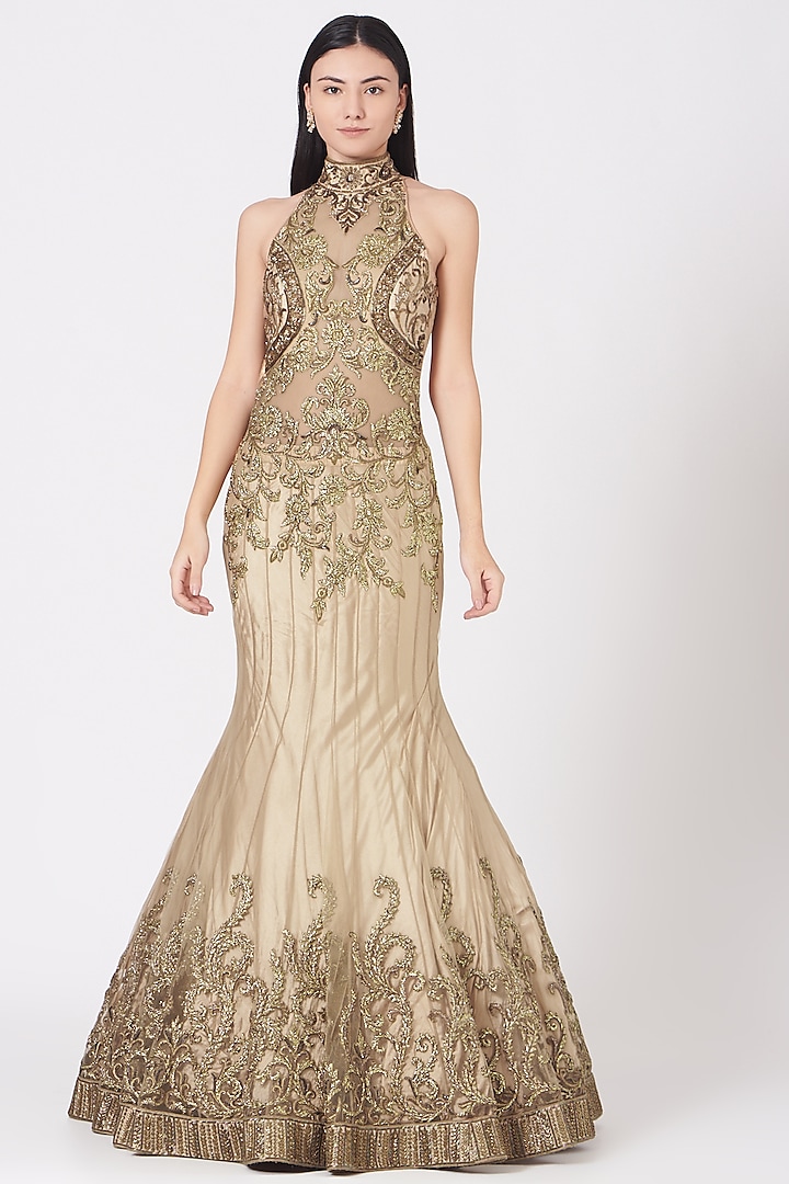 Gold Hand Embroidered Mermaid Gown by Ajiesh Oberoi