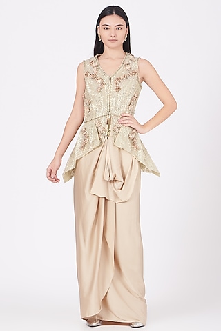 Nude Mesh & Silk Satin Cowl Skirt Set by Ajiesh Oberoi