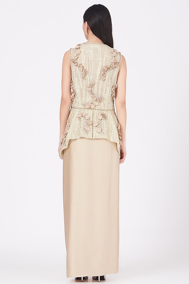 Nude Mesh & Silk Satin Cowl Skirt Set by Ajiesh Oberoi at Pernia's Pop Up Shop