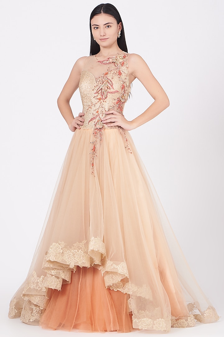 Nude Embroidered Asymmetrical Gown by Ajiesh Oberoi