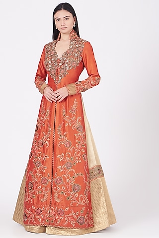 Bright Orange Embroidered Jacket Set by Ajiesh Oberoi