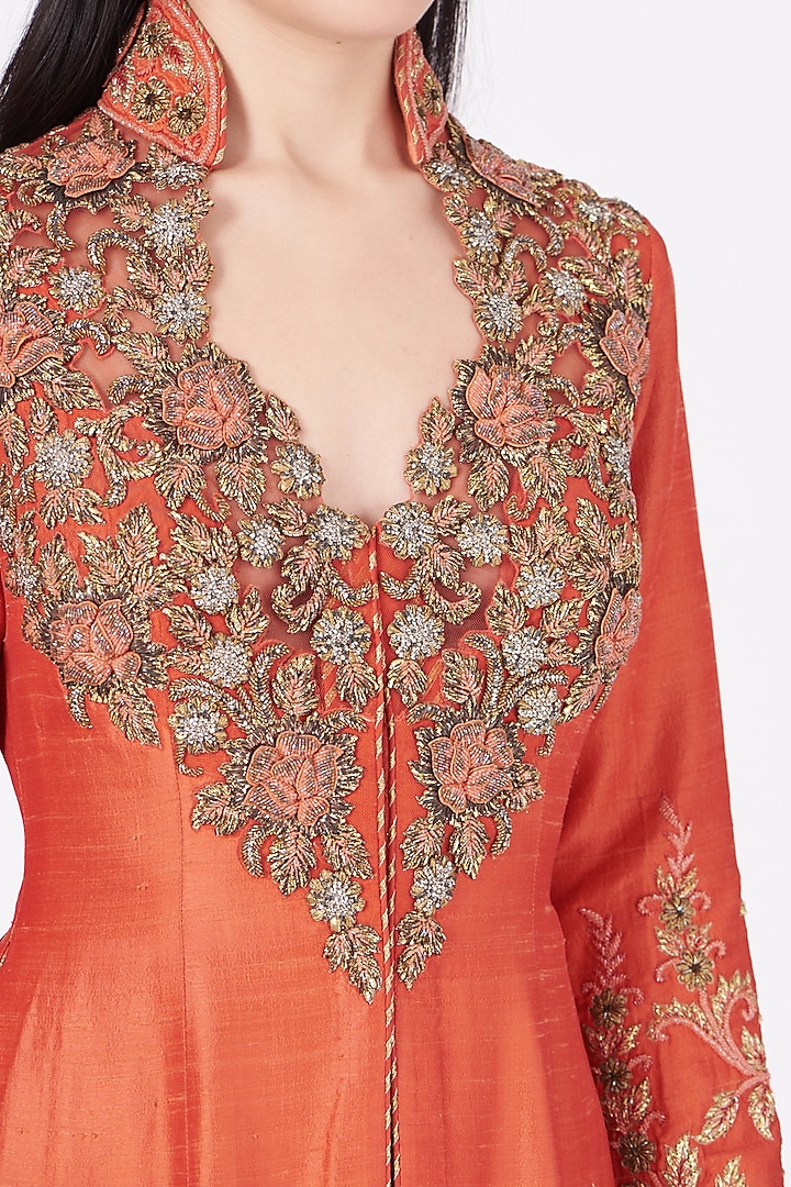 Bright Orange Embroidered Jacket Set by Ajiesh Oberoi at Pernia's Pop Up Shop