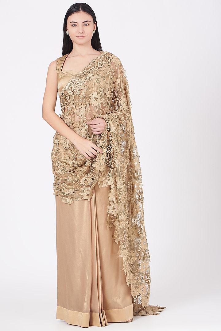 Gold Beaded Pre-Stitched Saree Set by Ajiesh Oberoi at Pernia's Pop Up Shop