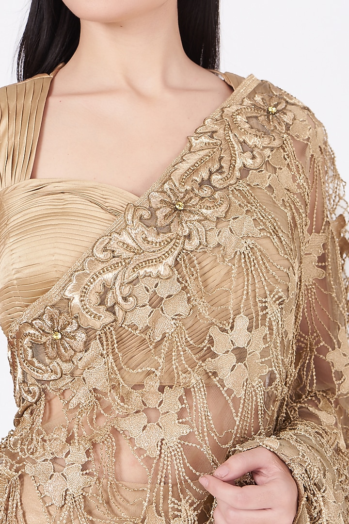 Gold Beaded Pre-Stitched Wedding Saree Set by Ajiesh Oberoi at Pernia's Pop Up Shop