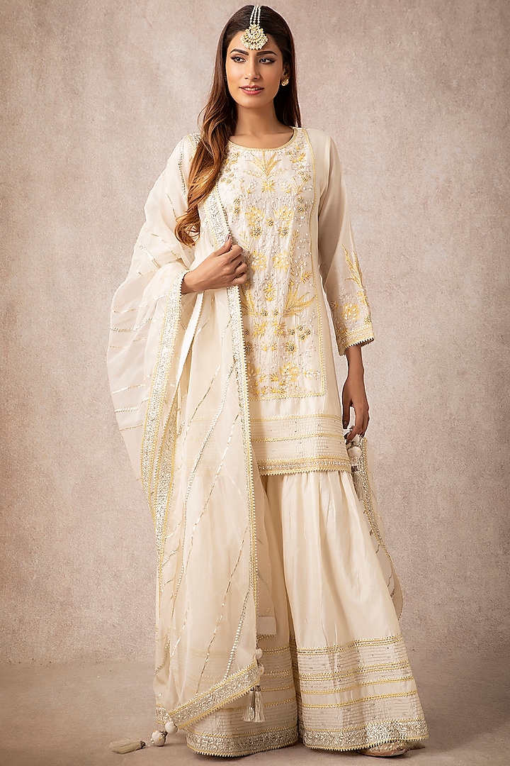 Ivory Chanderi Embroidered Gharara Set by Ajiesh Oberoi