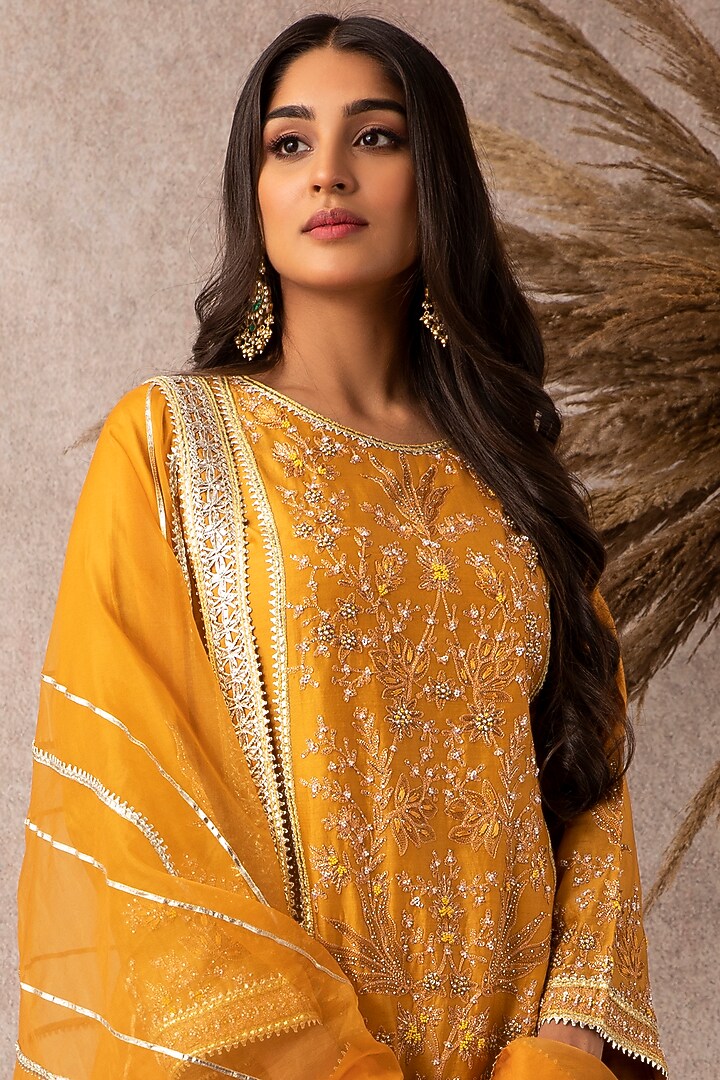 Mustard Chanderi Embroidered Gharara Set by Ajiesh Oberoi at Pernia's Pop Up Shop