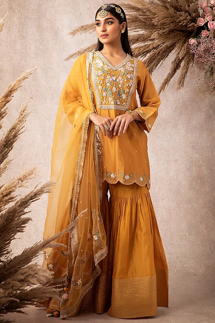 Mustard Chanderi Embroidered Gharara Set by Ajiesh Oberoi