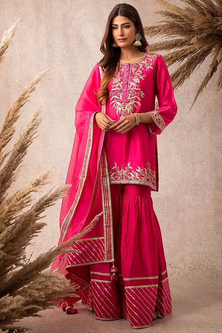 Rani Pink Chanderi Gharara Set by Ajiesh Oberoi
