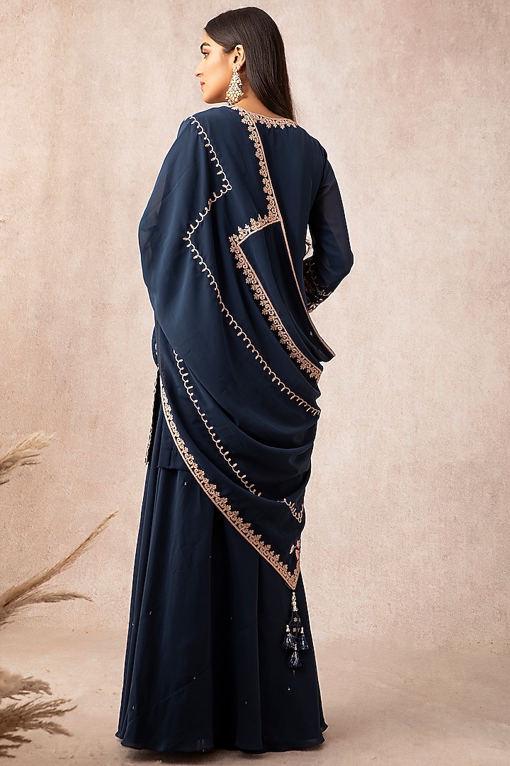 Midnight Blue Georgette Wedding Sharara Set by Ajiesh Oberoi at Pernia's Pop Up Shop