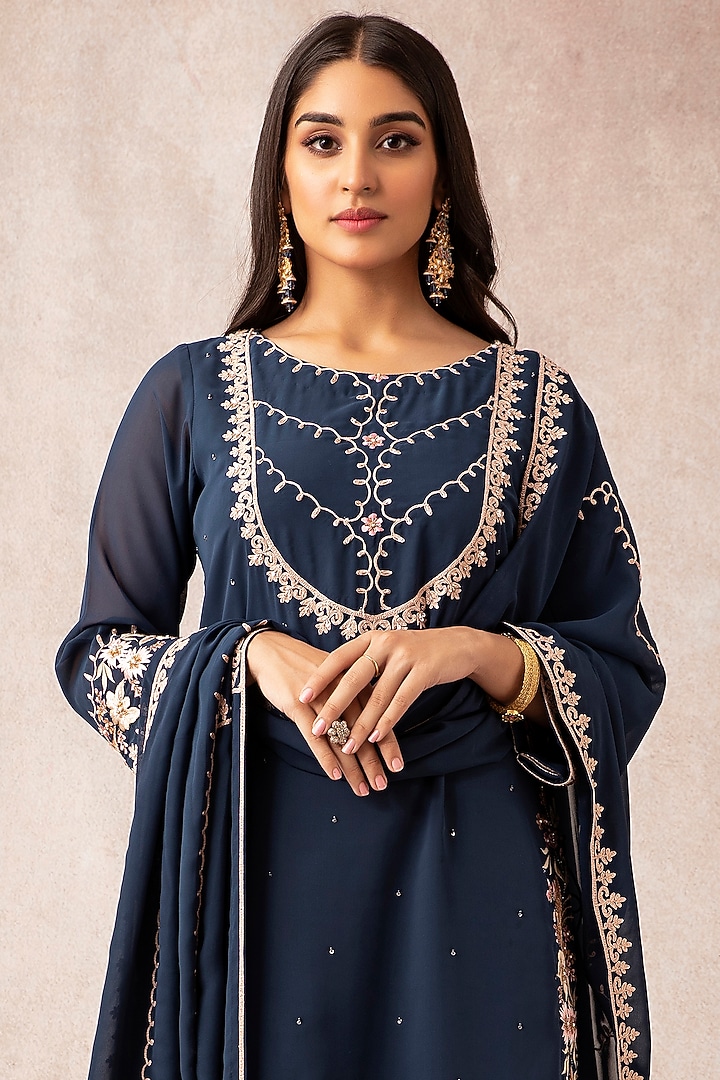 Midnight Blue Georgette Wedding Sharara Set by Ajiesh Oberoi at Pernia's Pop Up Shop